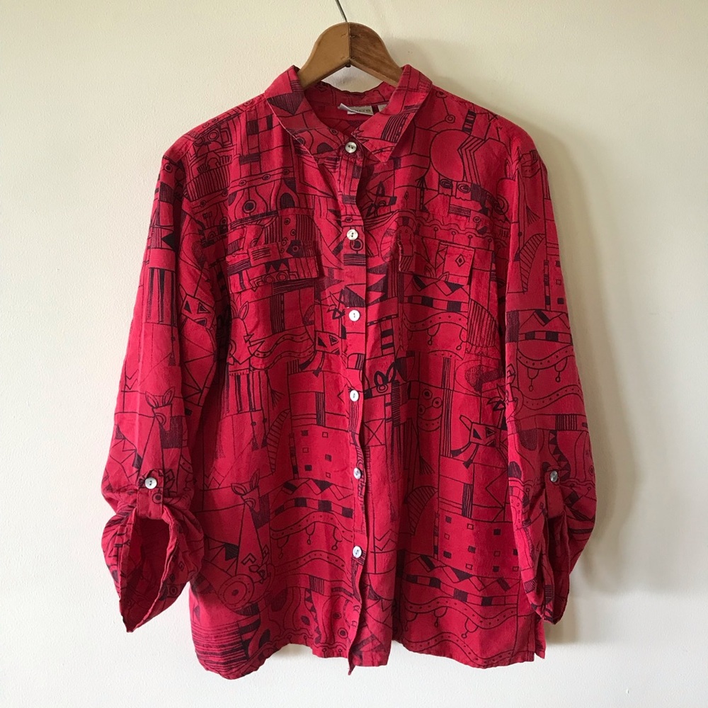 100% Silk Patterned Red Abalone Button-Up Shirt